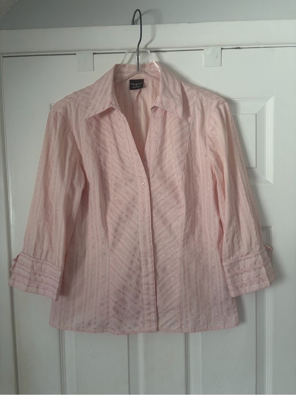 Tribal Light Pink Striped 3/4 Sleeve Button Up Blouse Shirt